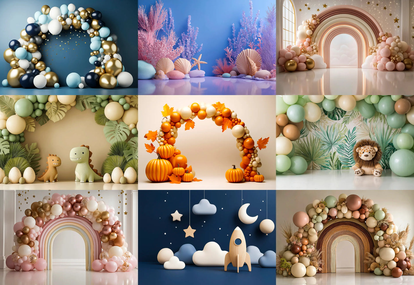 Collage of various balloon arches and decorations in different styles and colors.