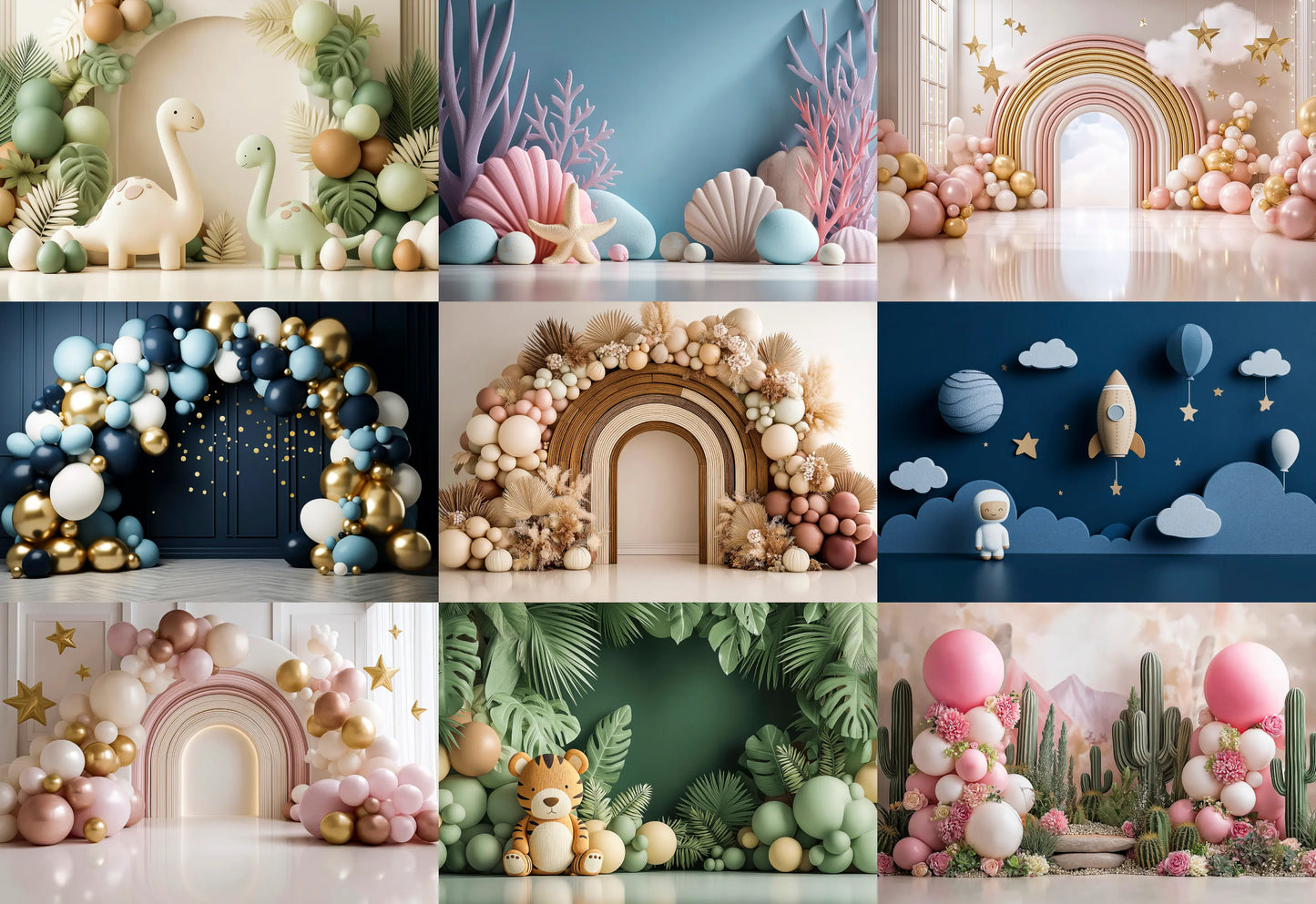 Collage of various decorative backdrops with balloons, arches, and props.