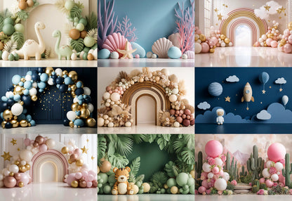 Collage of various decorative backdrops with balloons, arches, and props.