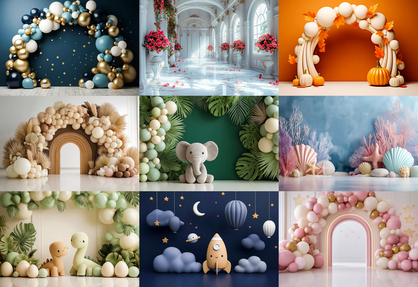 Collage of various decorative balloon arches and props in different settings.