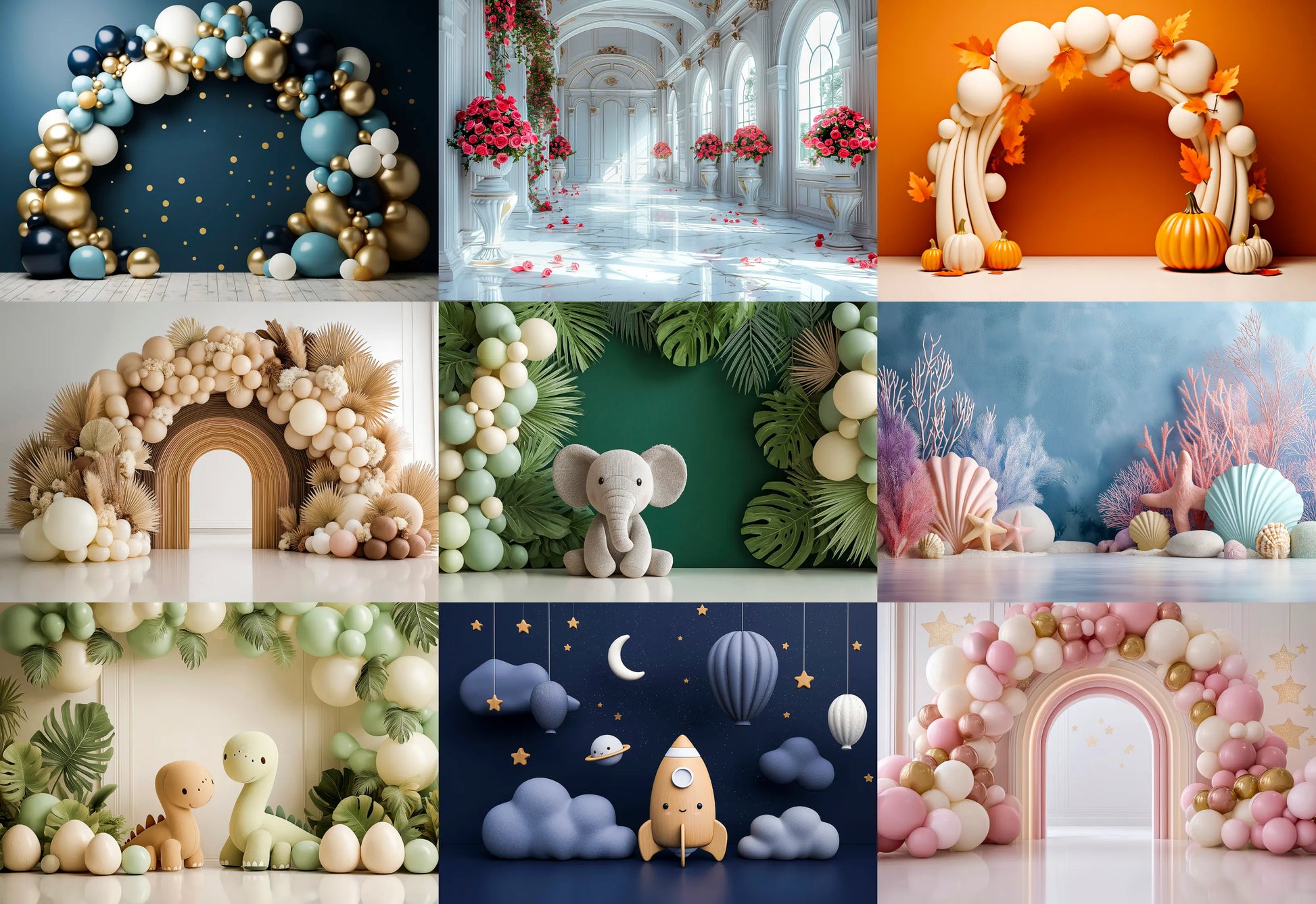 Collage of various decorative balloon arches and props in different settings.