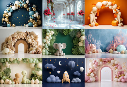 Collage of various decorative balloon arches and props in different settings.