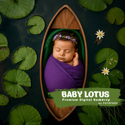 Newborn digital backdrop with lotus pond and baby in boat