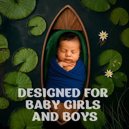 Newborn digital backdrop with lotus pond and baby in boat