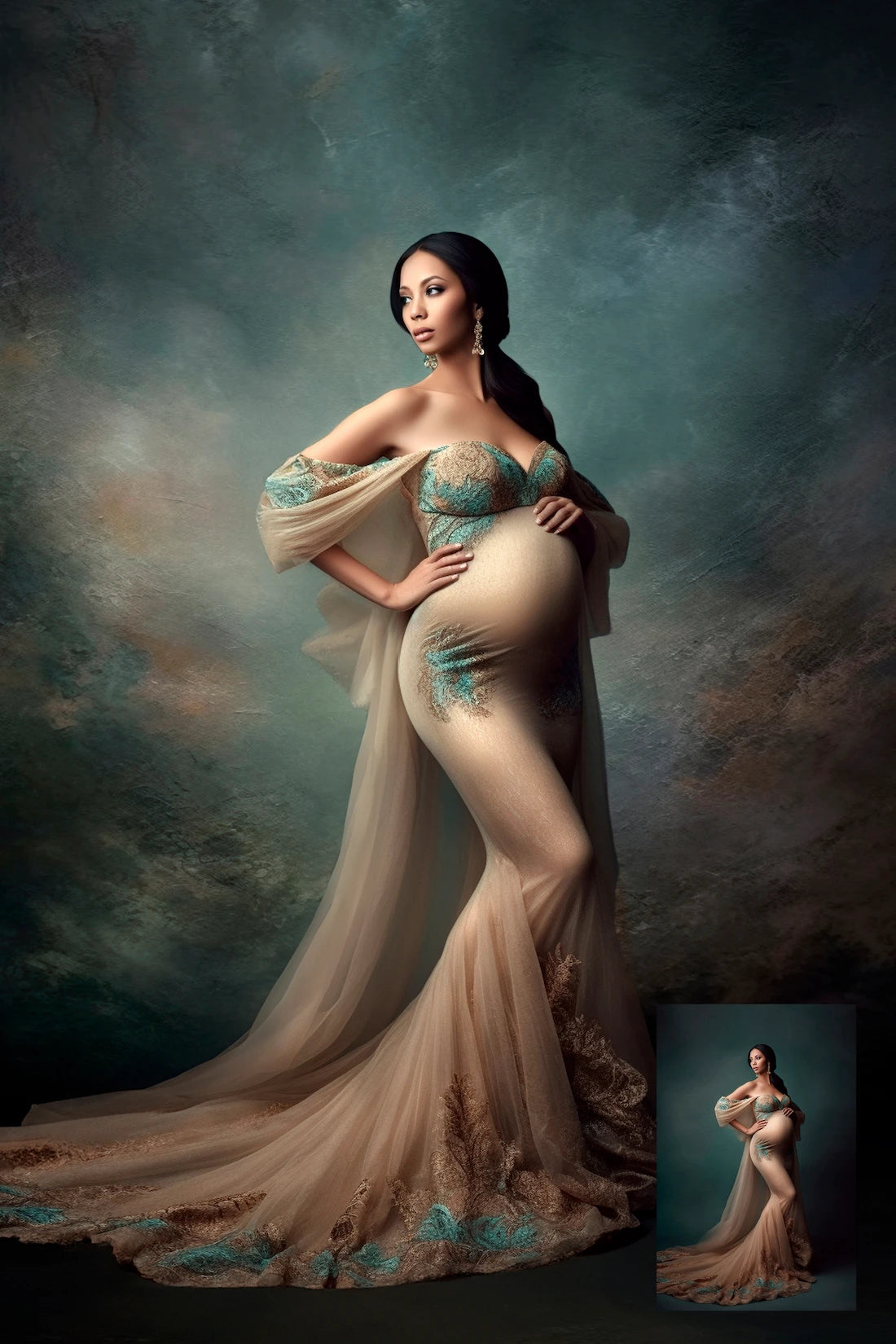 Woman in a elegant gown with teal embellishments against a dark, textured background