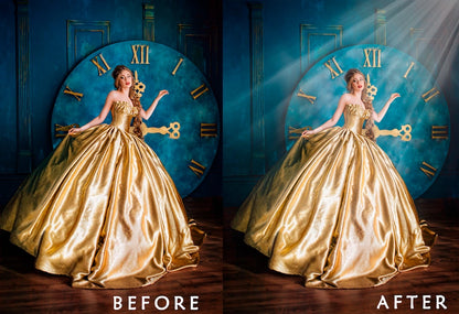 Before and after comparison of a woman in a gold dress against a blue clock wall.