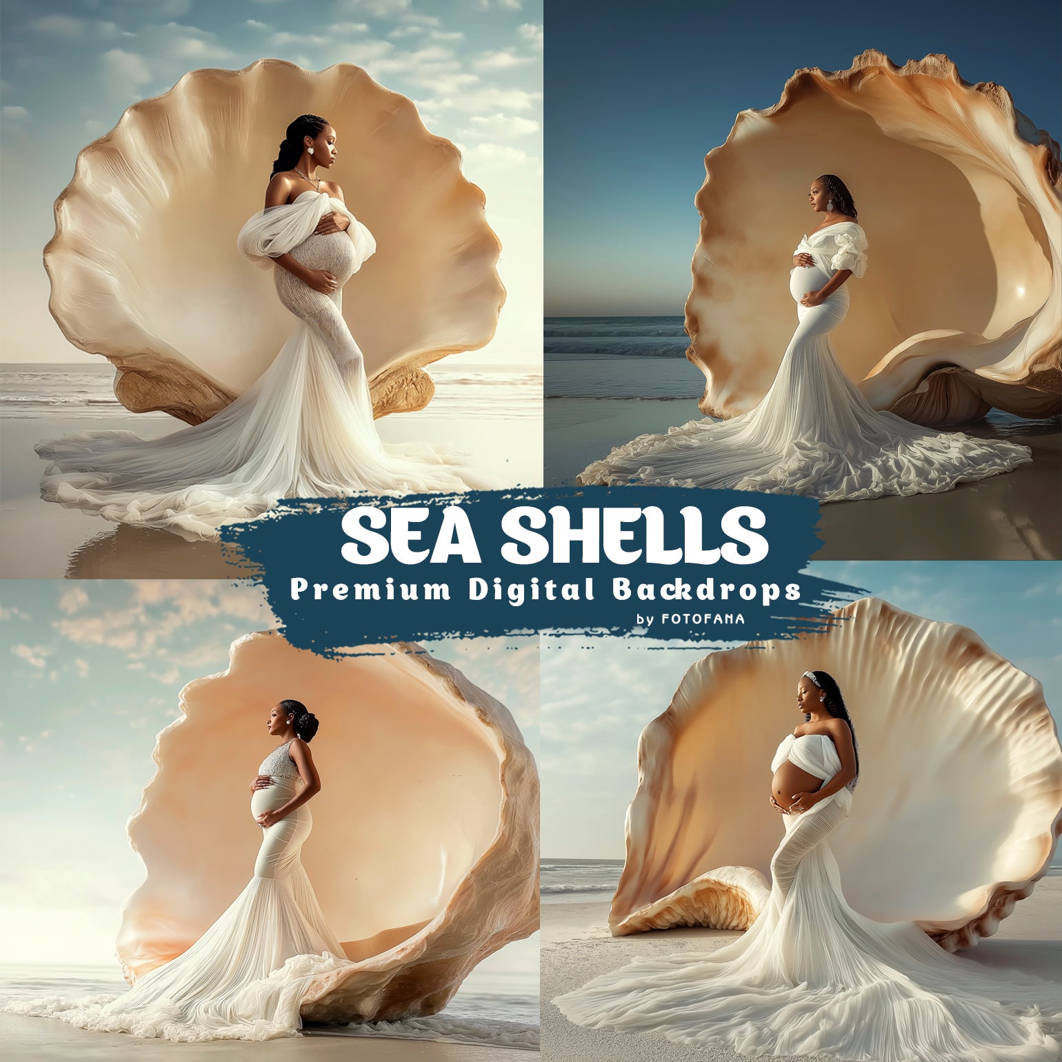 Pregnant woman in elegant gown standing inside giant seashell on the beach – maternity digital backdrop for Photoshop.