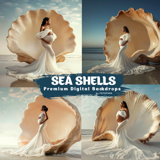 Pregnant woman in elegant gown standing inside giant seashell on the beach – maternity digital backdrop for Photoshop.