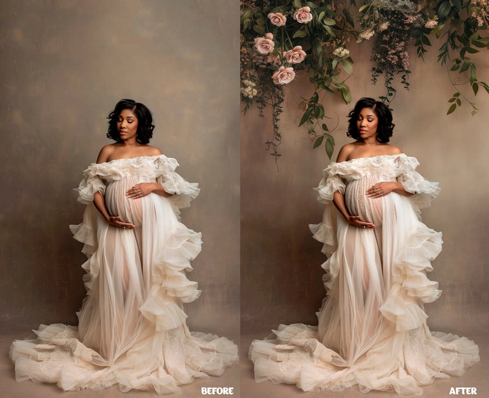 Before and after example – floral wall digital backdrop with pink roses for maternity photo editing