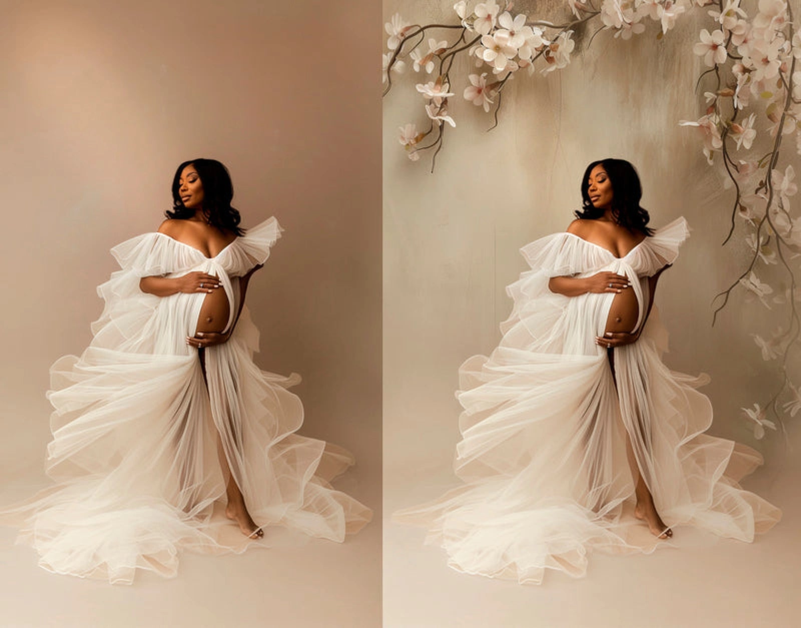 Before and after – vintage rose floral wall digital background applied to maternity portrait