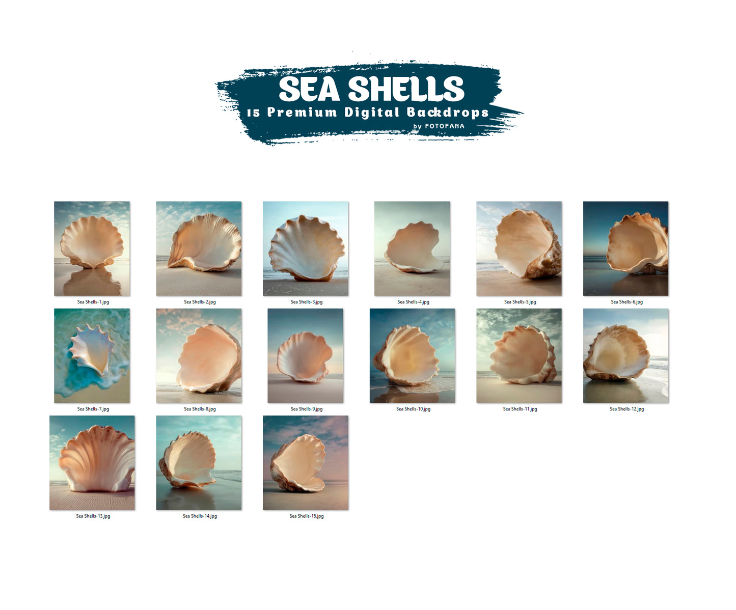 Maternity portrait with flowing white dress in front of seashell – fine art digital backdrop for photography editing.
