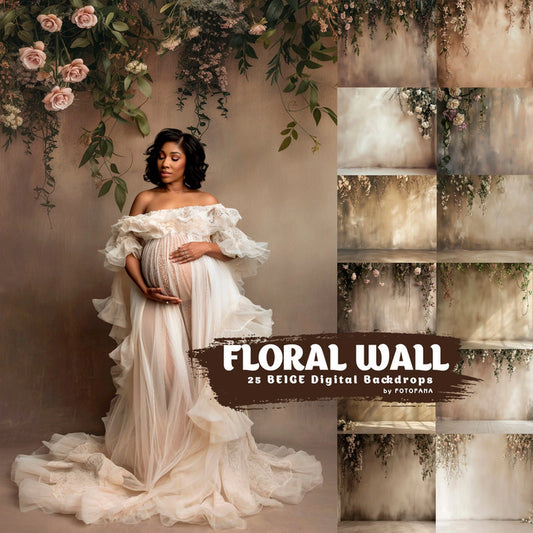 Floral wall digital backgrounds – beige tones for studio photography