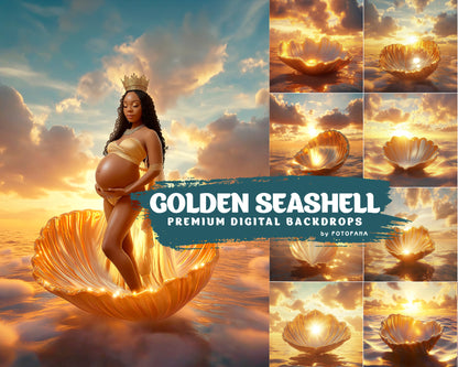 Maternity woman standing in glowing golden seashell at sunset – ocean digital backdrop for Photoshop
