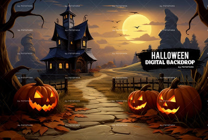 Scary Village Path Halloween Backdrop