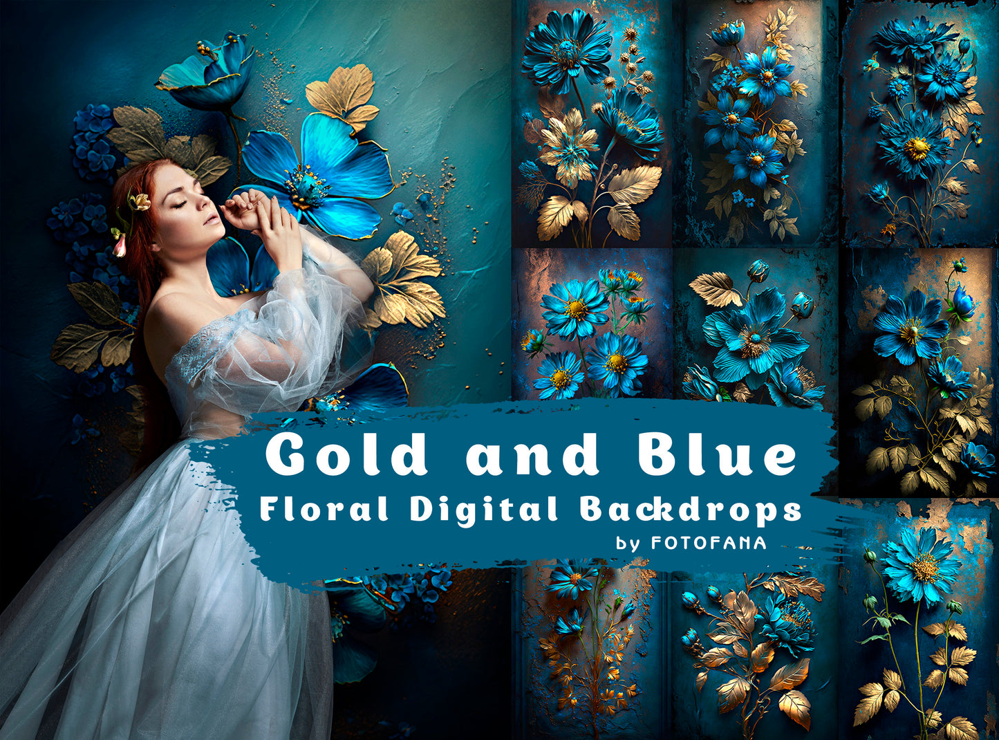 Gold & Blue Floral Fine Art Textures, Flower Background, Photoshop Overlays, Photo Texture, Photo Overlay, Maternity Backdrop, Digital JPG