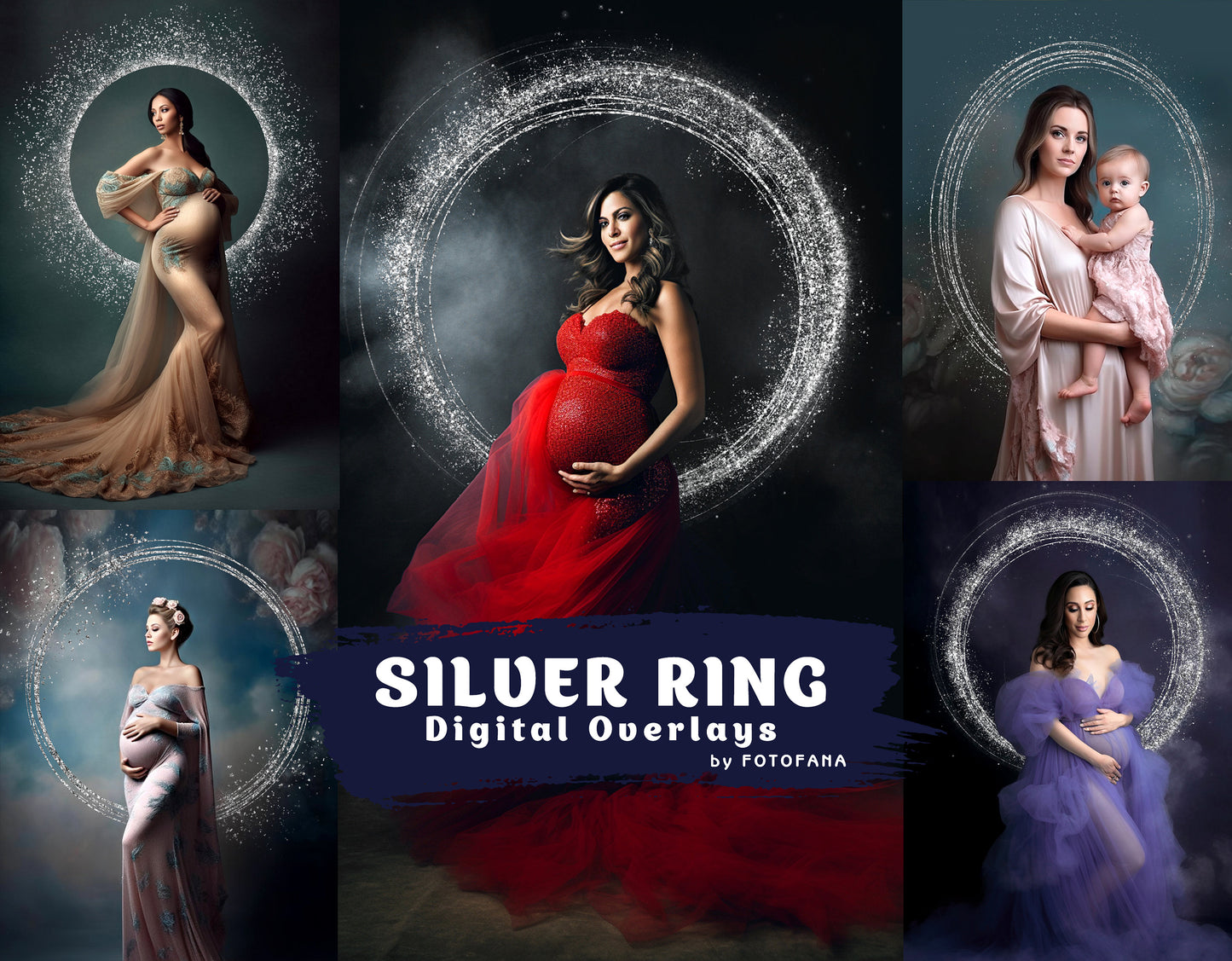 Silver Circle Overlays Maternity Light Ring Halo Frame Circles Shine Ring Light Maternity Rings Maternity Halo Digital Backdrop Clipart PNG