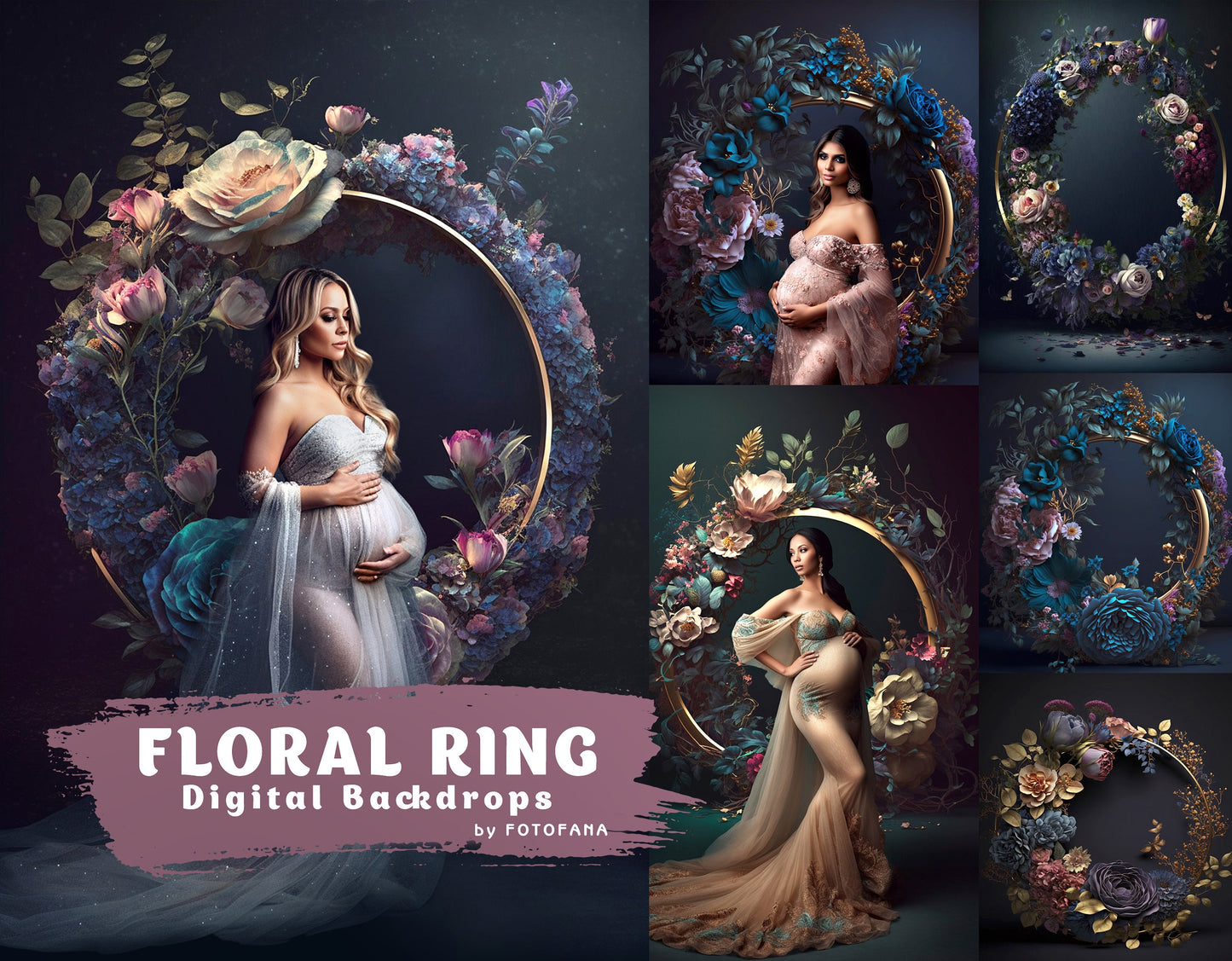 14 Floral Ring Digital Backdrops Maternity Floral Hoop Digital Backdrop Overlay Maternity Digital Backdrops for Photoshop Floral Halo