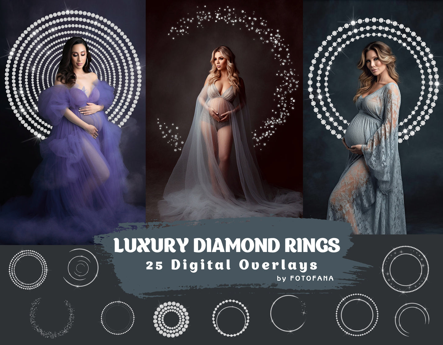 Maternity Overlays Diamond Halo Rings Clipart Photoshop Maternity Digital Backdrop Studio Ring Overlay PNG Overlays Silver Circle Overlays