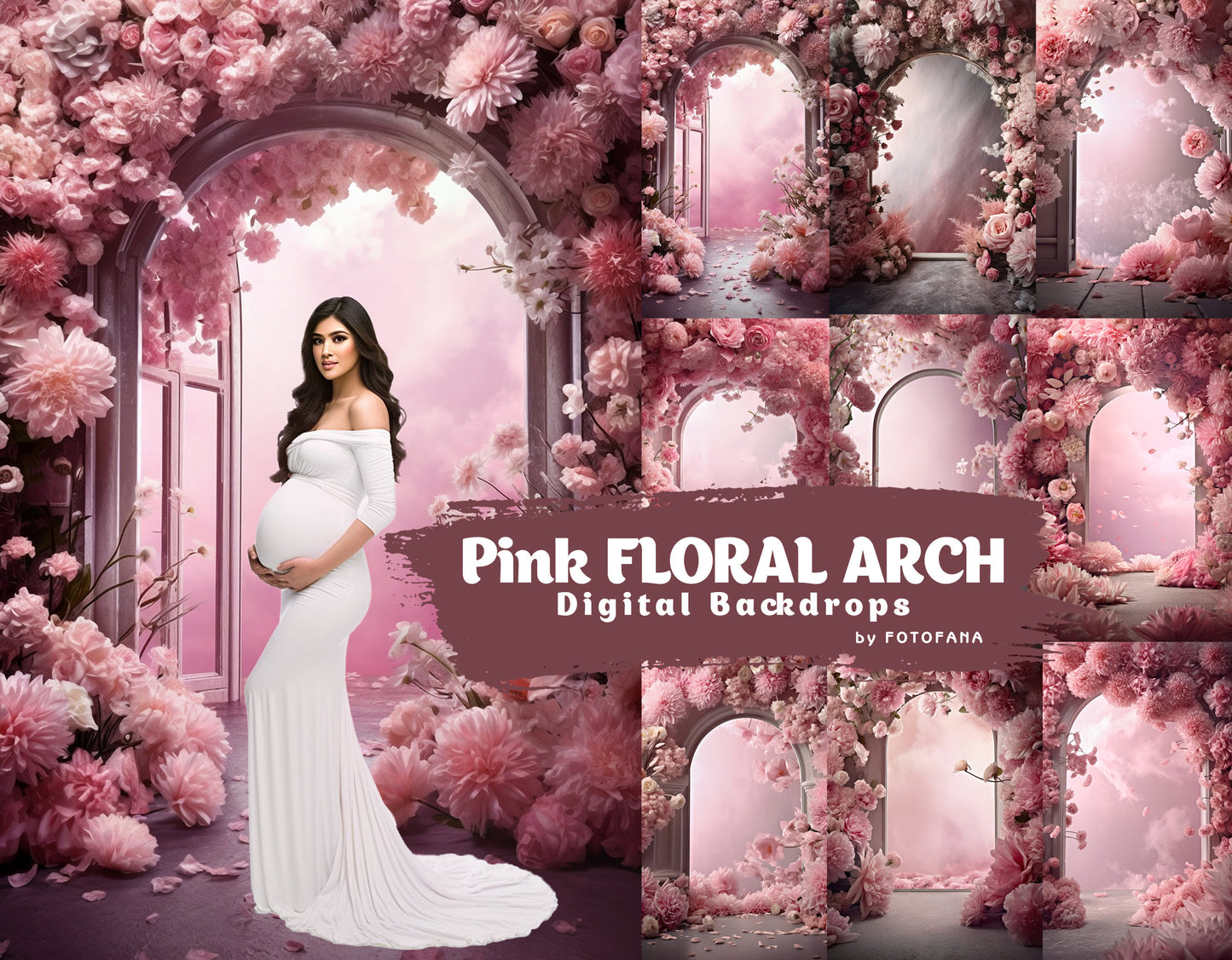 Floral Arch Digital Backdrops Flower Maternity Backdrop Overlays Studio Backdrop Overlays Fine Art Textures Pink Flower Photoshop Overlays