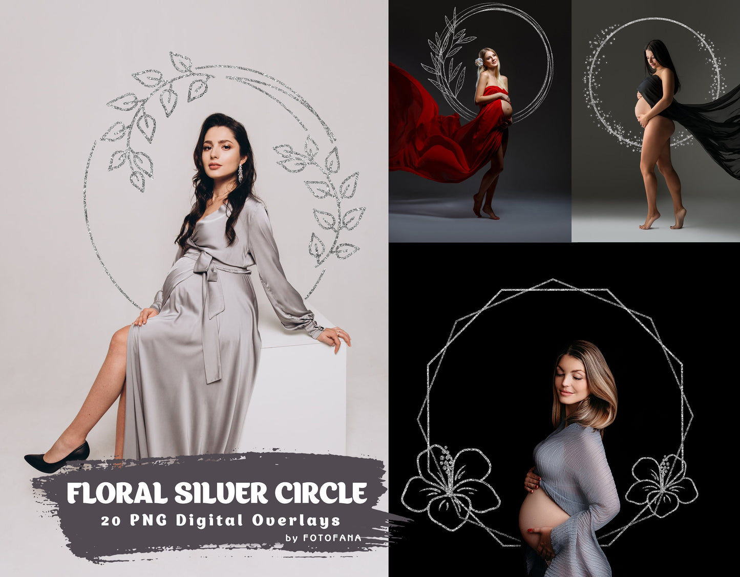 Floral Silver Circle Overlays Maternity Light Ring Frame Circles Shine Ring Light Maternity Rings Foliage Floral Maternity Ring Backdrop PNG