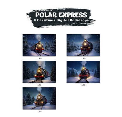 5 Christmas Digital Backdrop Polar Express Goind To Santa's Workshop Snow Winter Background Digital Holiday Photography North Pole Train JPG