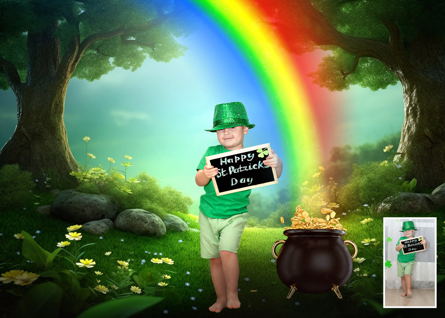 St Patricks Day Digital Background for Composite Photography Pot of Gold and Rainbow Digital Backdrop for Photoshop Irish Digital Background