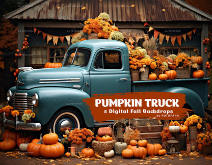 Autumn Orange Truck Pumpkins Digital Backdrop