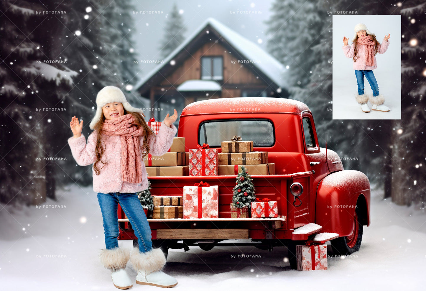 Christmas Digital Backdrop Composite Red Truck Snow Christmas Digital Background Outdoor Christmas Portrait Family Kids Pets Vintage Overlay