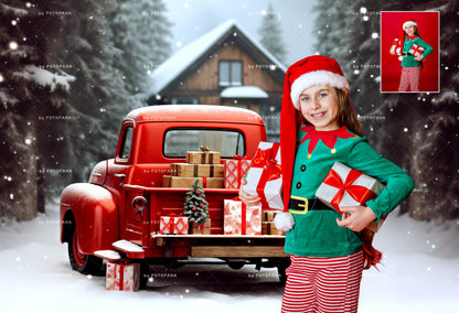 Christmas Digital Backdrop Composite Red Truck Snow Christmas Digital Background Outdoor Christmas Portrait Family Kids Pets Vintage Overlay