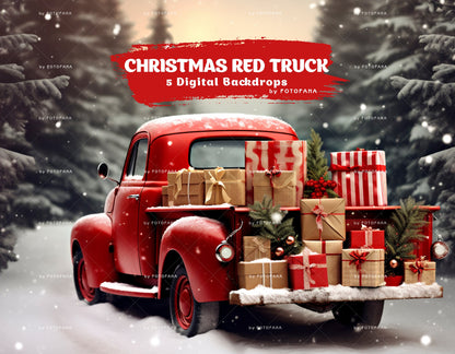 Christmas Digital Backdrop Composite Red Truck Snow Christmas Digital Background Outdoor Christmas Portrait Family Kids Pets Vintage Overlay