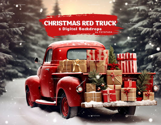 Christmas Digital Backdrop Composite Red Truck Snow Christmas Digital Background Outdoor Christmas Portrait Family Kids Pets Vintage Overlay