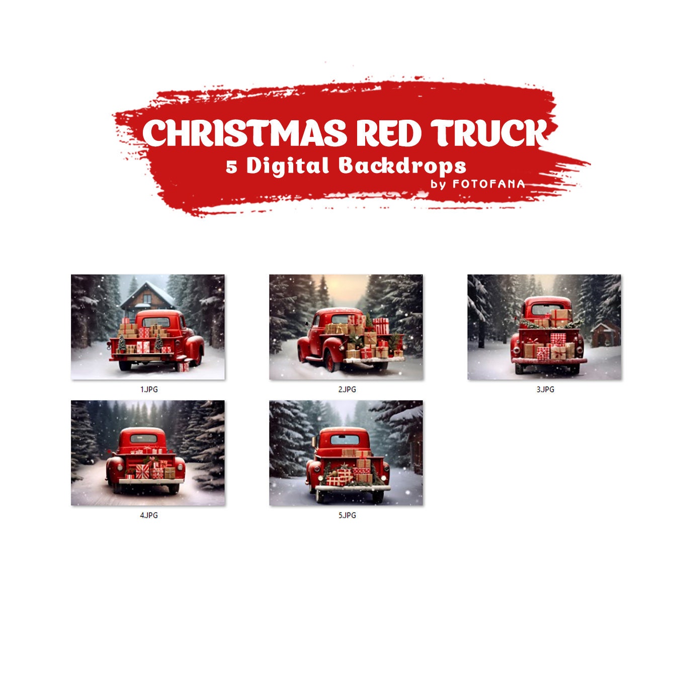 Christmas Digital Backdrop Composite Red Truck Snow Christmas Digital Background Outdoor Christmas Portrait Family Kids Pets Vintage Overlay