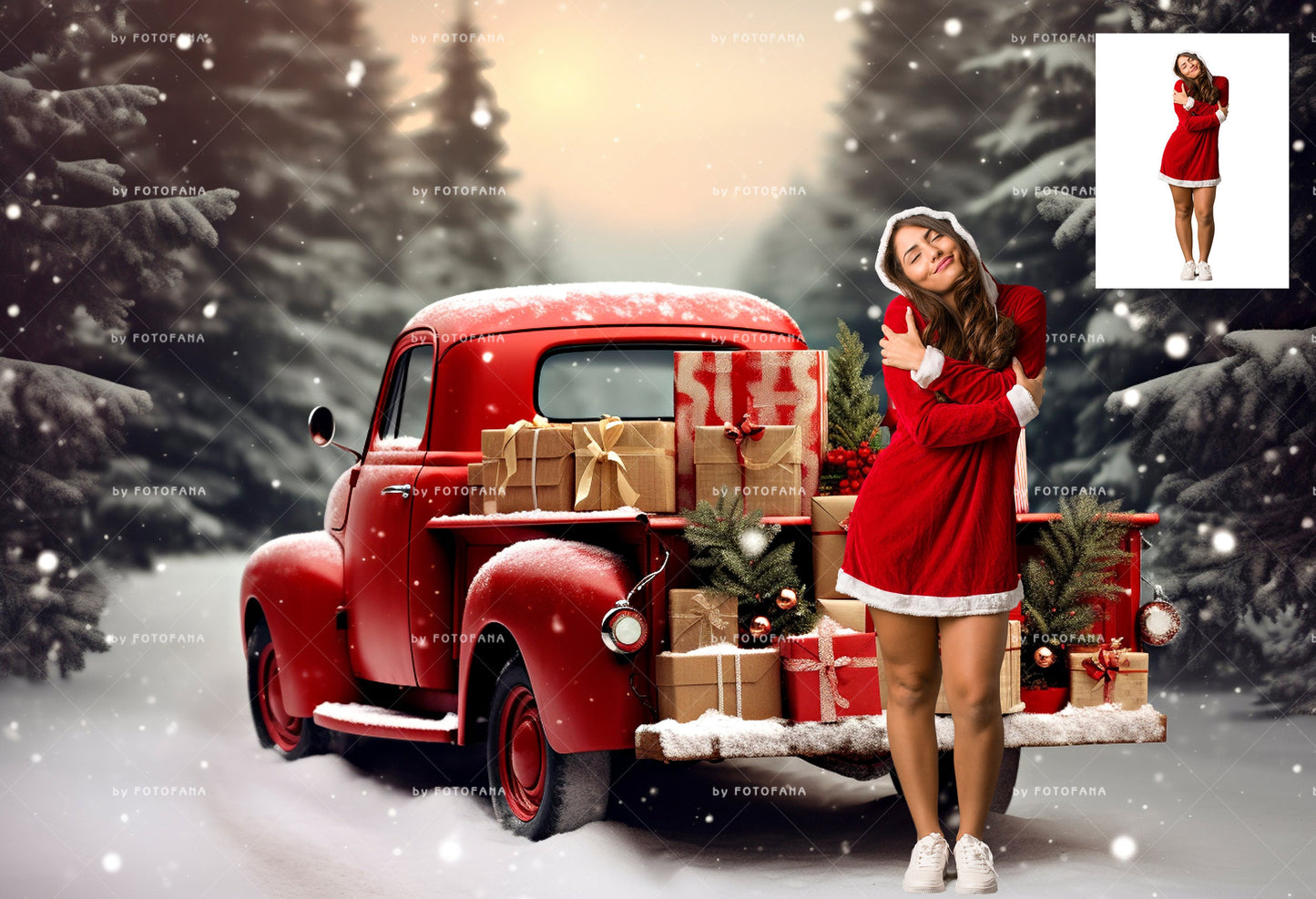 Christmas Digital Backdrop Composite Red Truck Snow Christmas Digital Background Outdoor Christmas Portrait Family Kids Pets Vintage Overlay