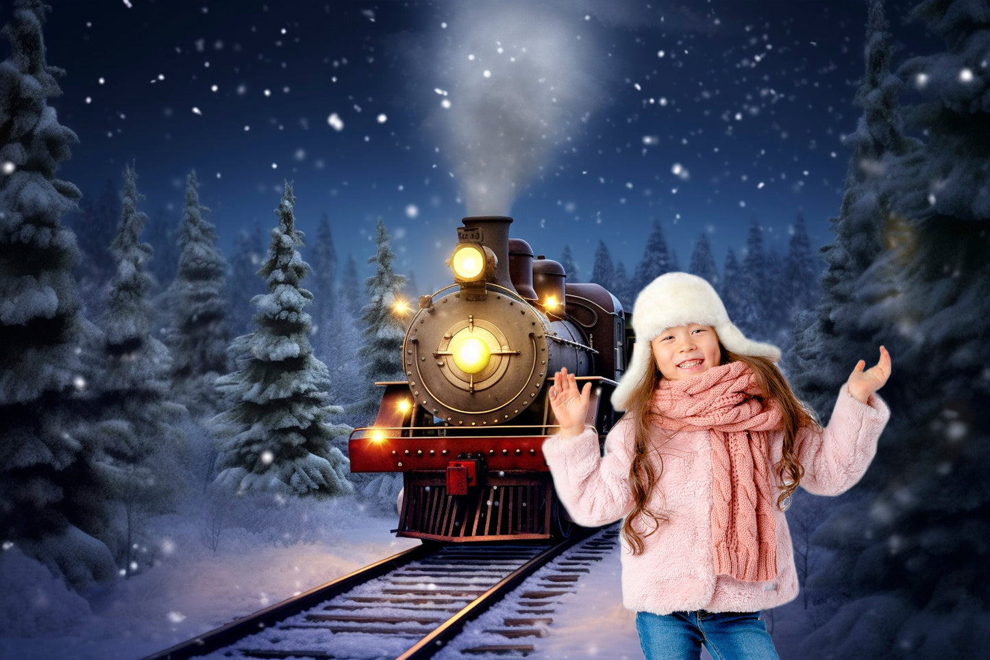5 Christmas Digital Backdrop Polar Express Goind To Santa's Workshop Snow Winter Background Digital Holiday Photography North Pole Train JPG
