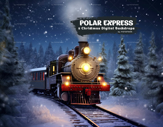 5 Christmas Digital Backdrop Polar Express Goind To Santa's Workshop Snow Winter Background Digital Holiday Photography North Pole Train JPG