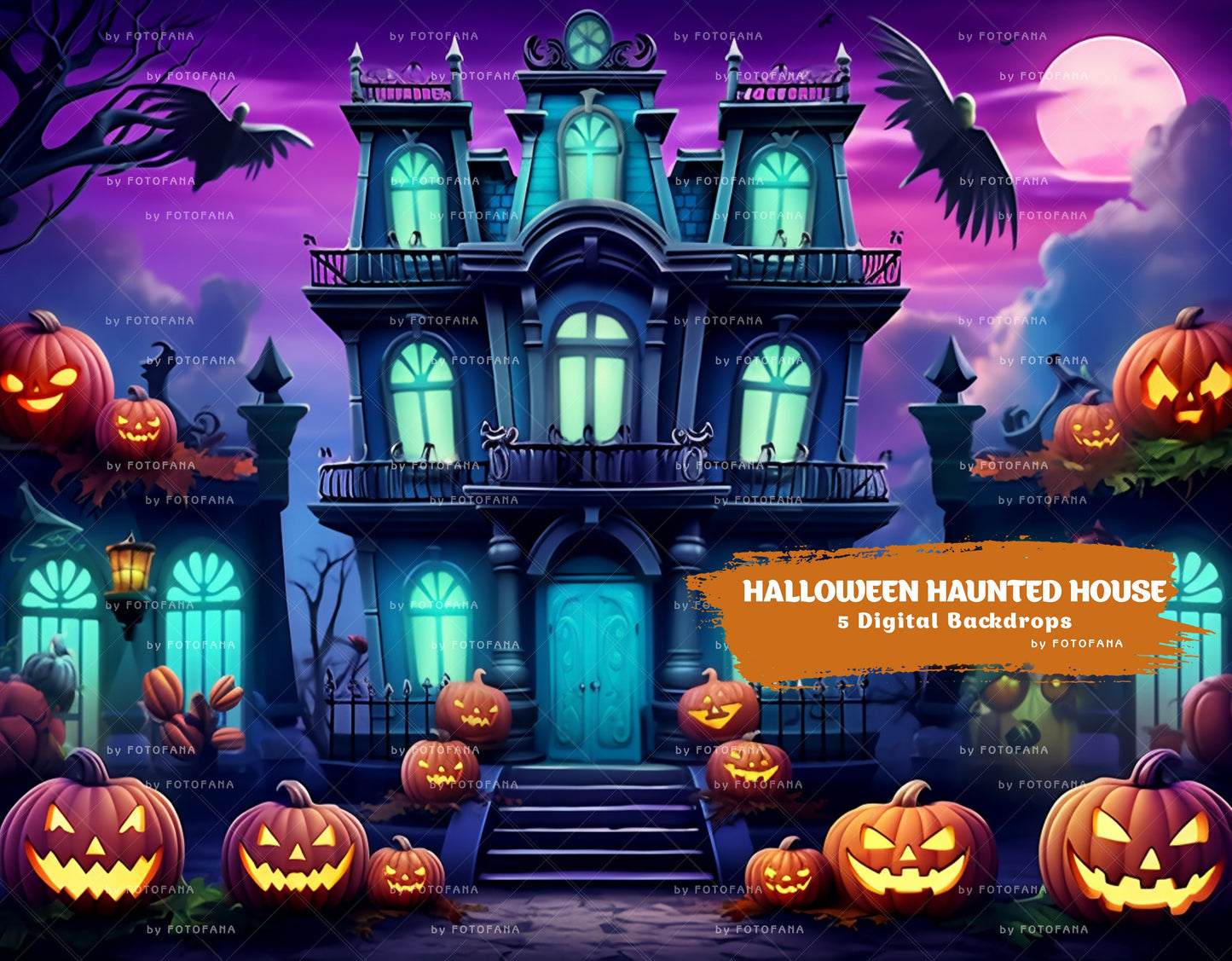 5 Halloween Digital Backdrop Spooky Haunted House Background Halloween Autumn Path Overlay Pumpkins Halloween Composite Instant Download JPG