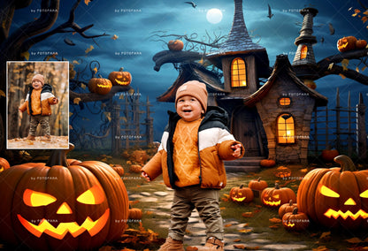 Halloween Digital Backdrop Spooky Haunted House Background Halloween Autumn Path Overlay with Pumpkins Halloween Composite Instant Download