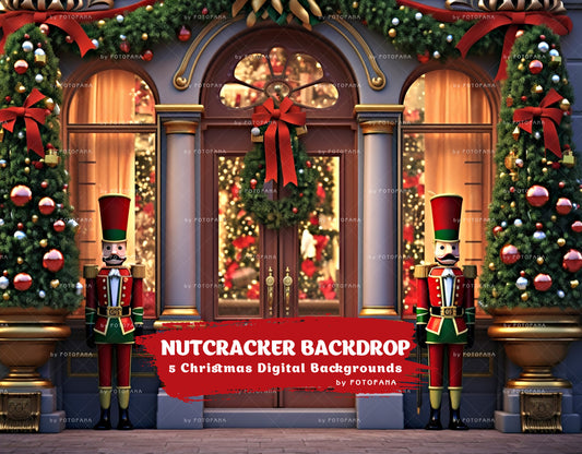 5 Christmas Digital Backdrop Photography Nutcracker Winter Snow Door Background Christmas Nutcracker Soldier Composite Christmas Overlay