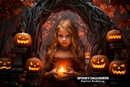 Spooky Halloween village with pumpkins and autumn path