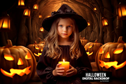 Glowing pumpkins in dark Halloween digital backdrop