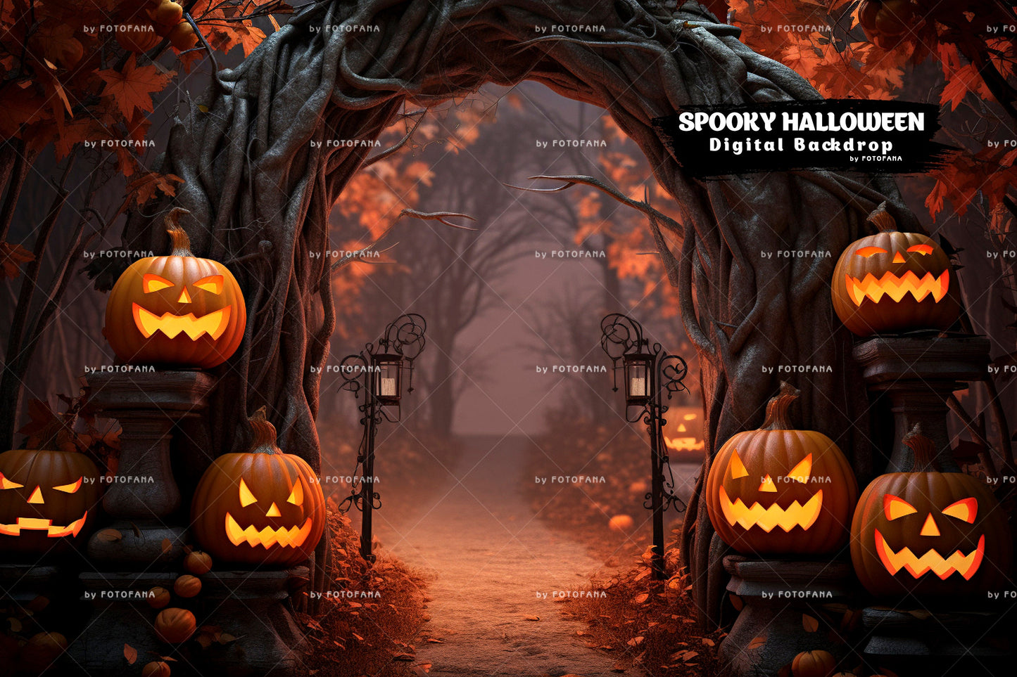 Halloween Digital Backdrop Photography Autumn Path Overlay with Pumpkins Halloween Digital Background Composite Scary Village Template JPG