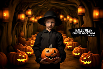 Pumpkin arch and autumn path Halloween backdrop