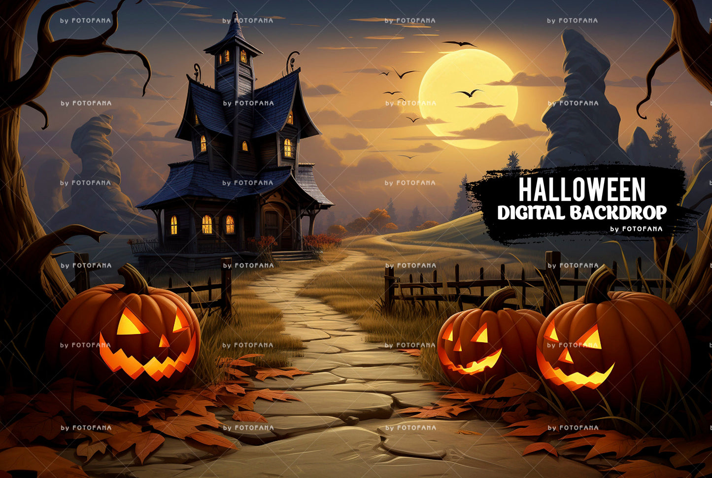 Halloween Digital Backdrop Spooky Haunted House Background Halloween Autumn Path Overlay with Pumpkins Halloween Composite Instant Download