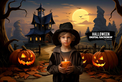 Haunted house and autumn path Halloween photo backdrop