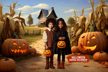 Creepy Halloween farm scene with pumpkins and jack-o'-lanterns