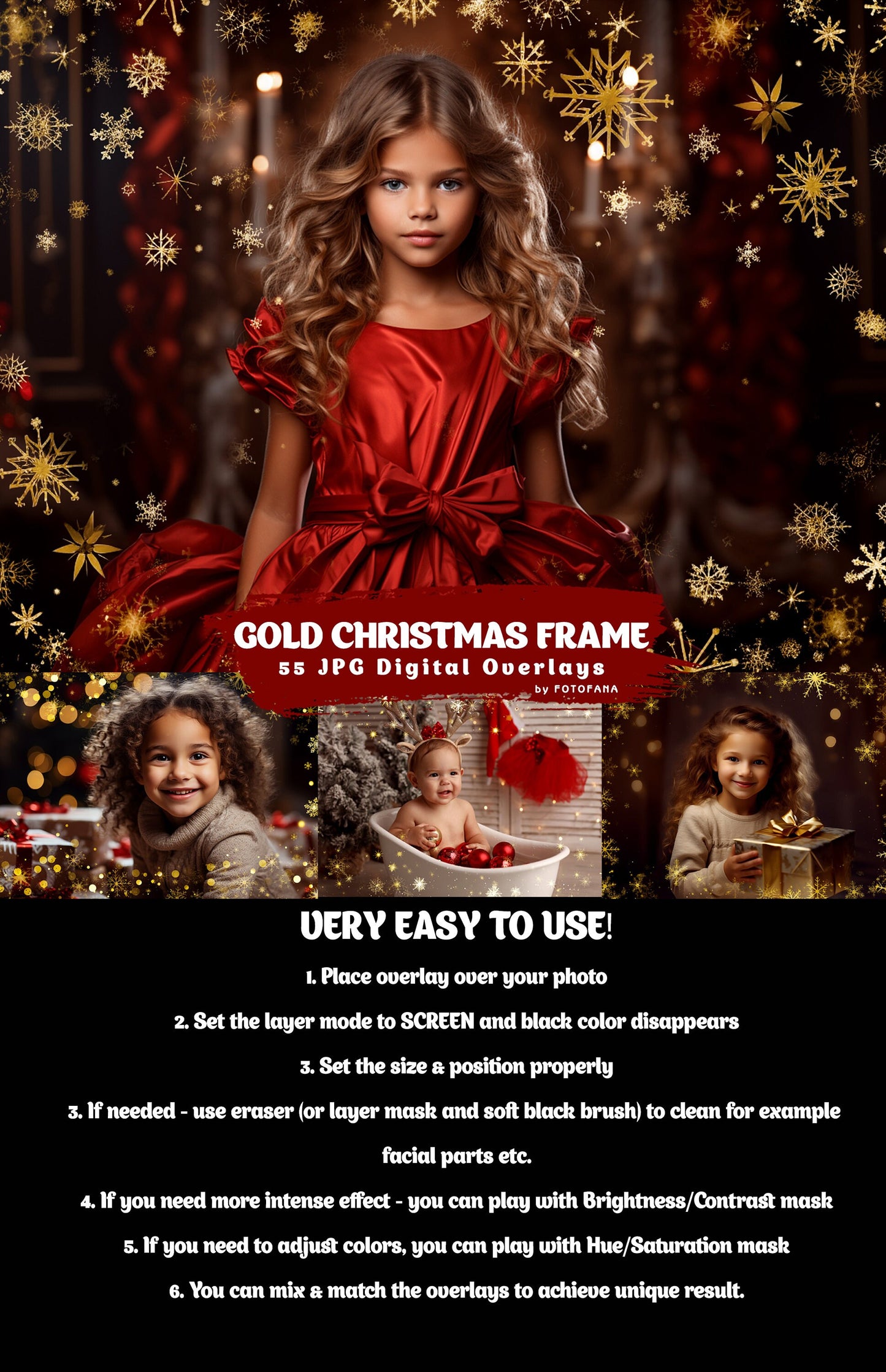 55 Christmas festive frame photo overlays for Photoshop with glitter gold effect Great for Christmas photography and holiday minis Christmas