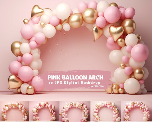 10 Pink Digital Backdrop Balloon Arch Celebration Download Backdrops Birthday Toddler Newborn Maternity Overlay Background Photoshop Studio