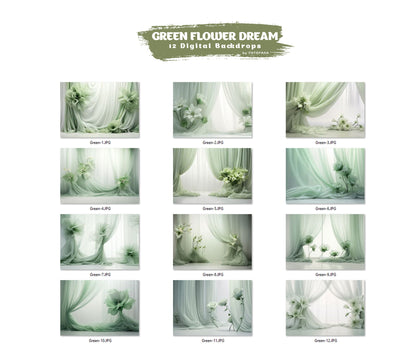 12 Green Flower Dream Floral Digital Backdrop Maternity Overlays Silk Digital Backdrops Photoshop Digital Tulle Overlays Fabric Backdrop