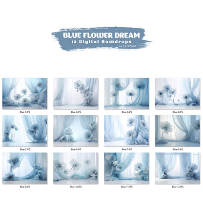 12 Blue Flower Dream Floral Digital Backdrop Maternity Overlays Silk Digital Backdrops Photoshop Digital Tulle Overlays Fabric Backdrop