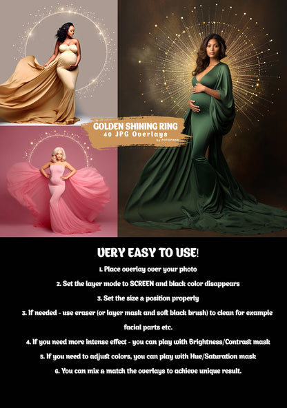 40 Golden MATERNITY RINGS Overlays Circle Halo Maternity Light Ring Frame Circles Shine Ring Light Maternity Digital Backdrop Texture JPG